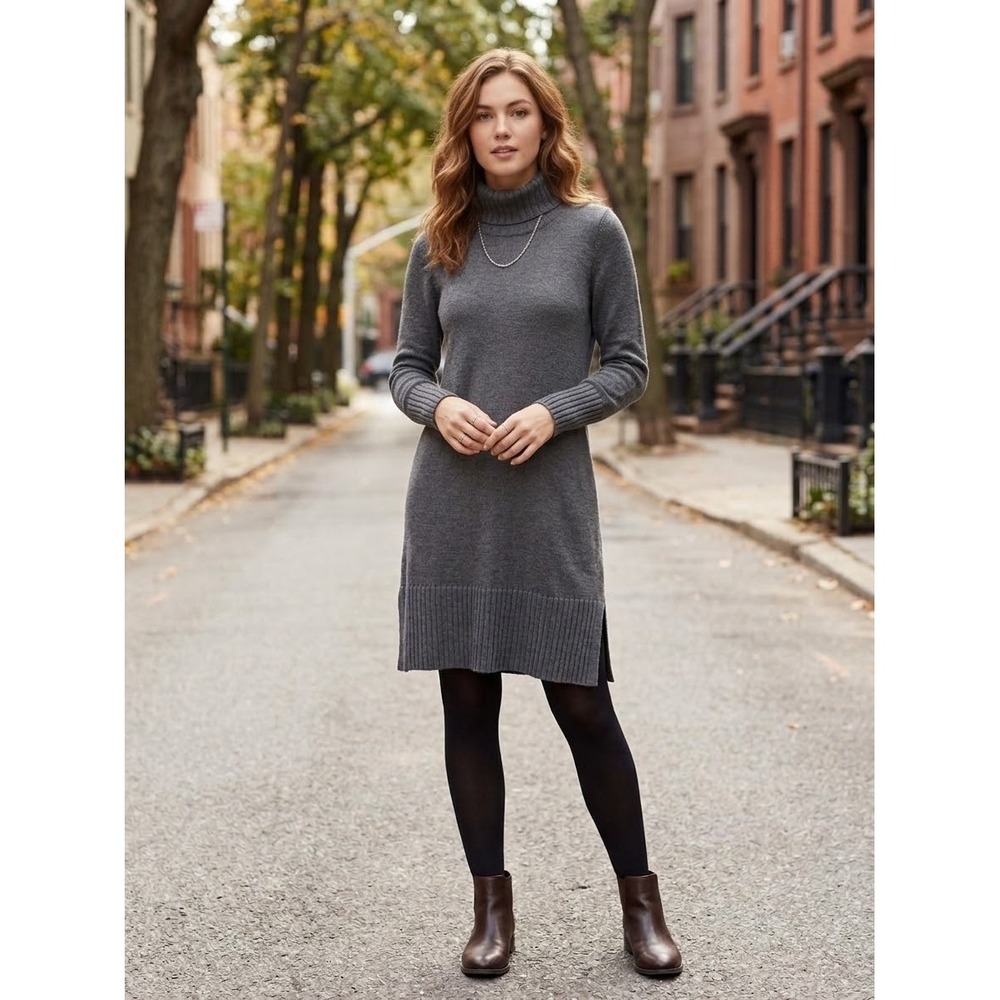 Eileen Fisher Extra Fine Merino Wool Turtleneck Sweater Dress Gray XS